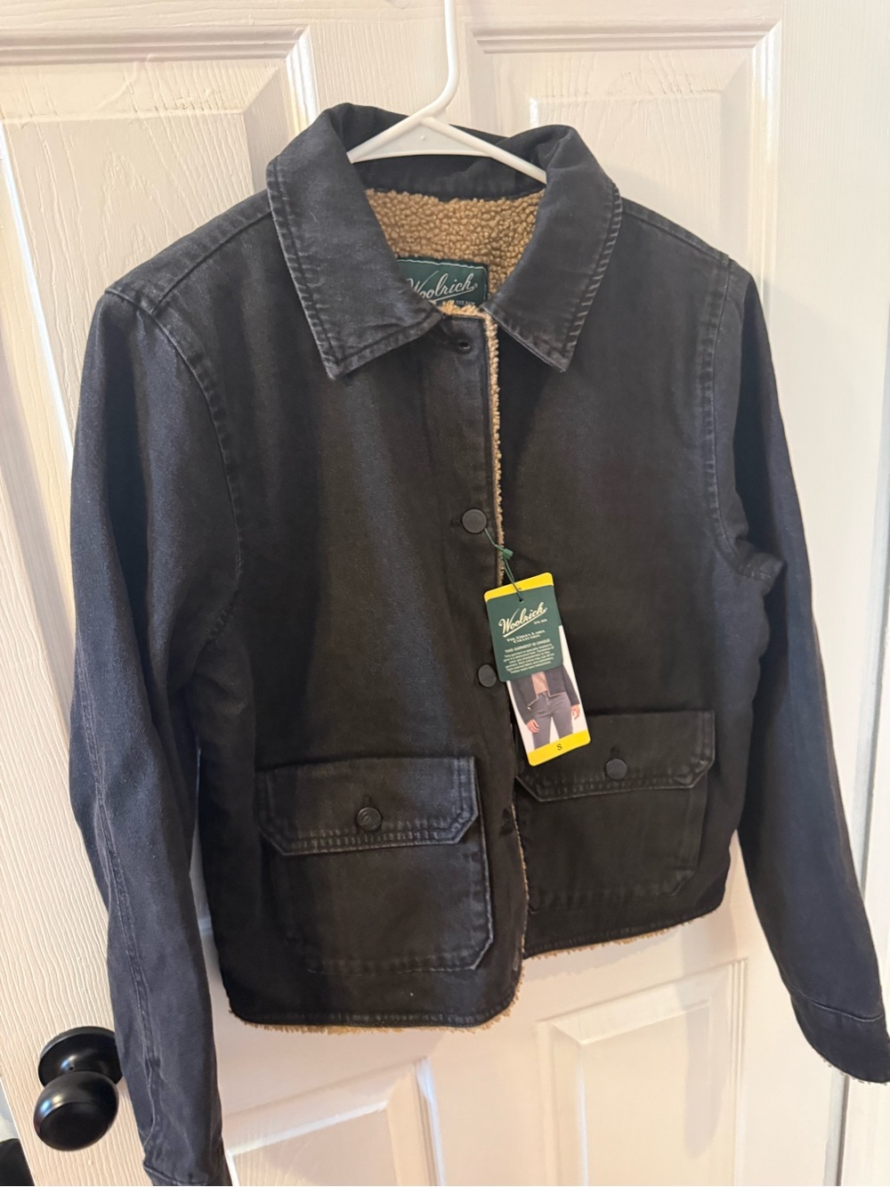 NWT Woolrich Black Denim Jacket with Sherpa Lining - Blue women’s size small